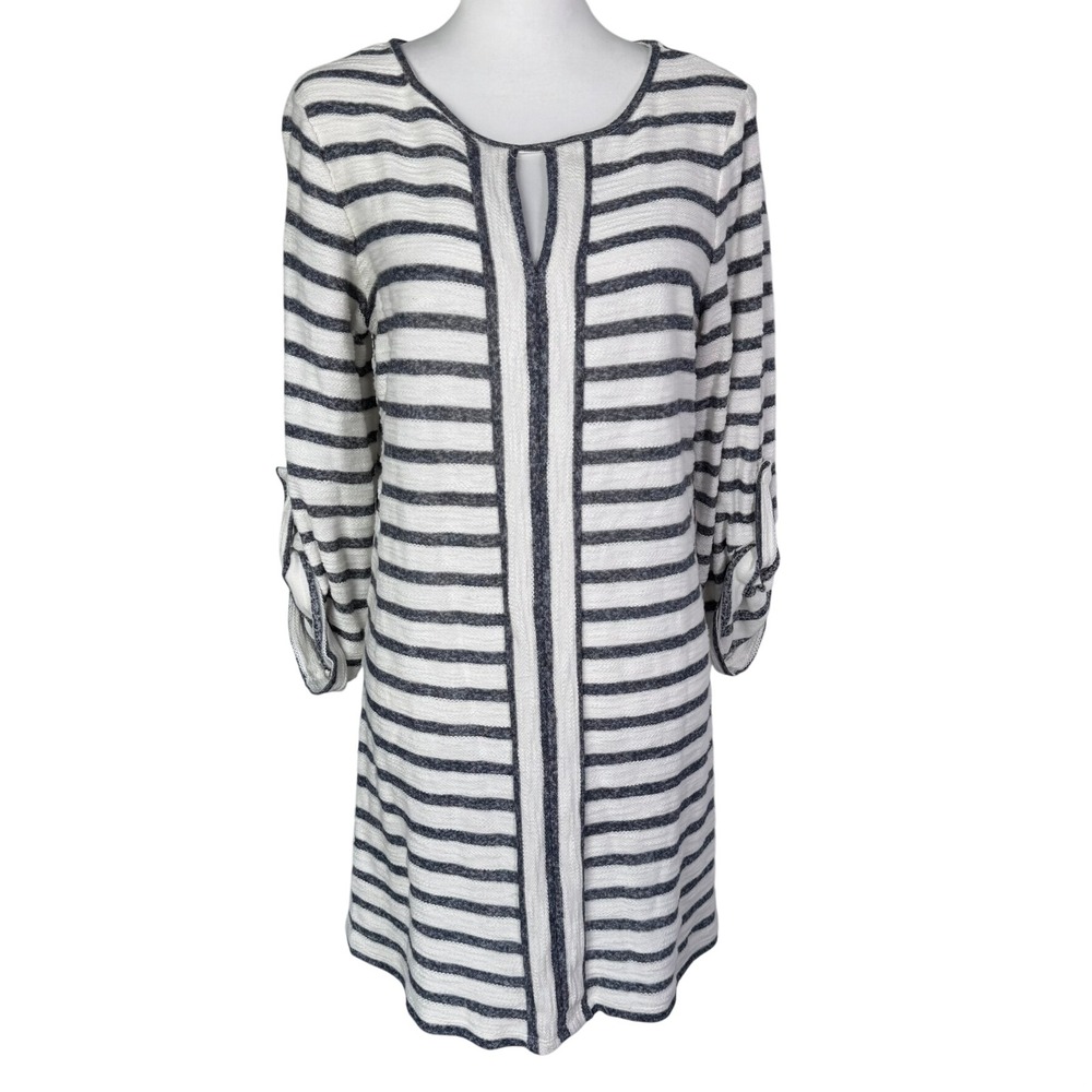 MAX EDITION‎ NWT Large Petite Navy Cream Striped Roll Tab Cotton Knit Midi Dress